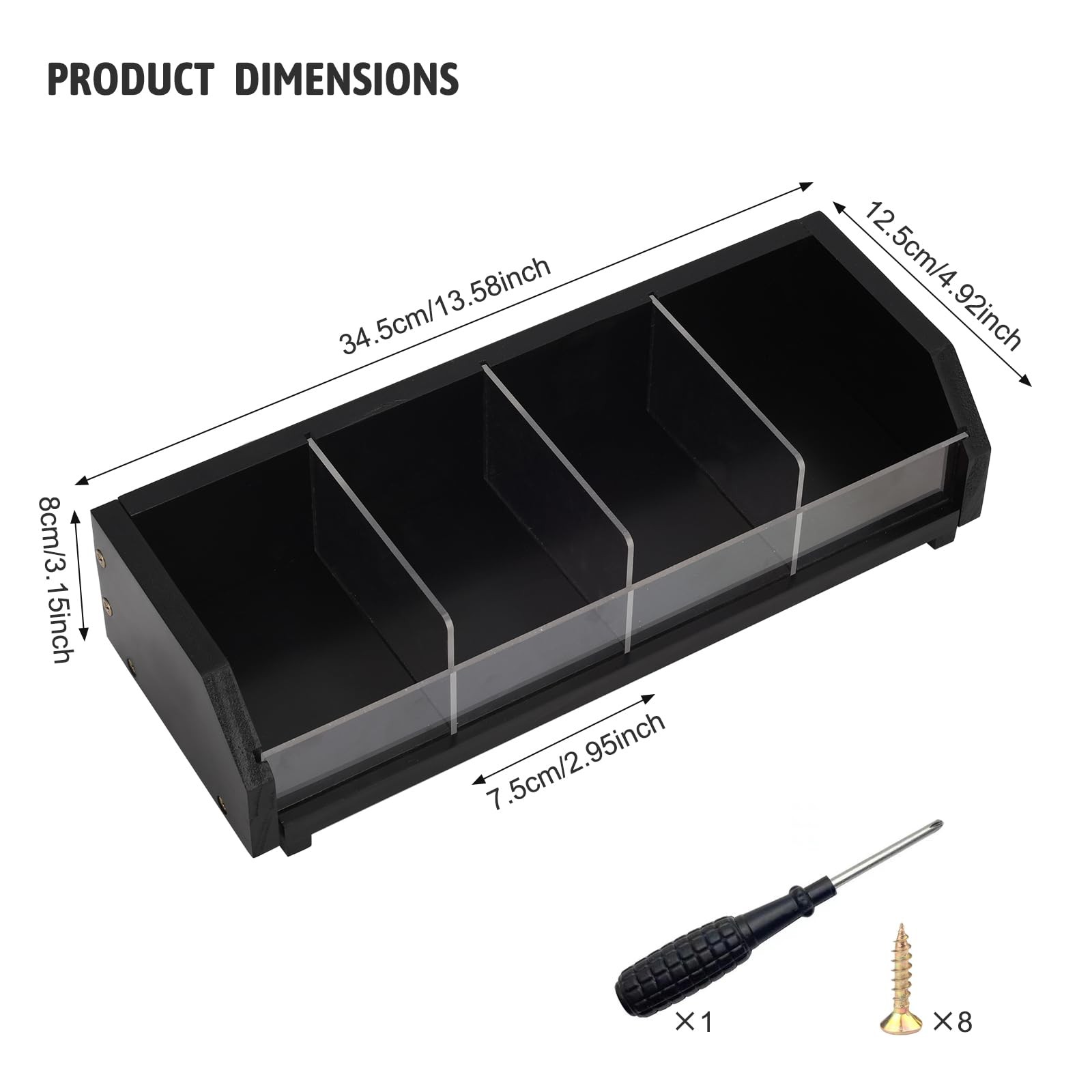 Tea Bag Holder Organizer Box with 4 Compartments, Pine Wood and Black