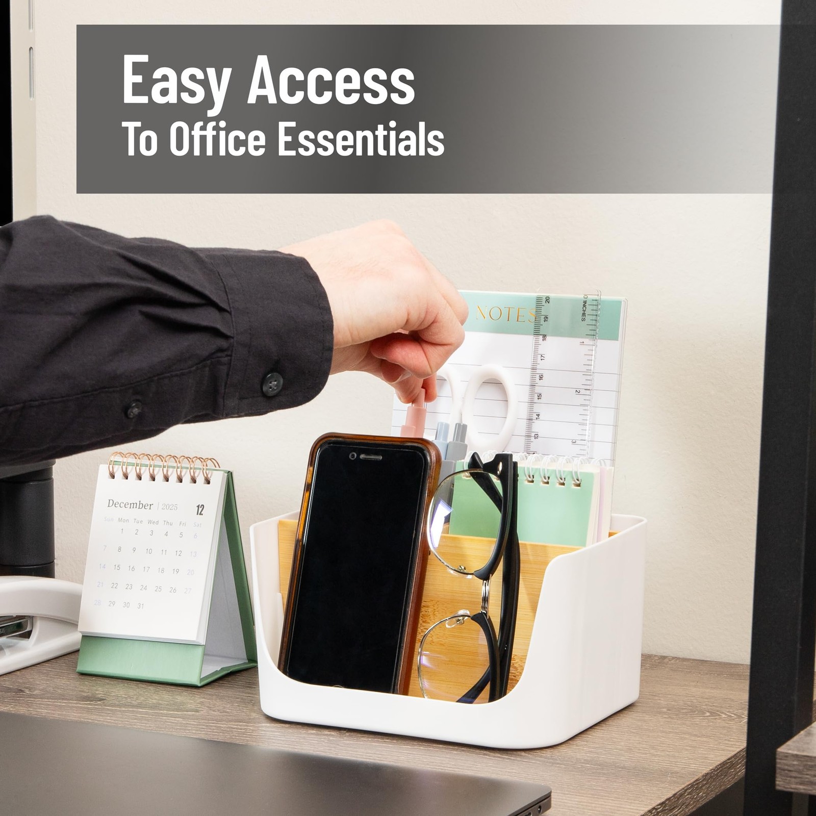 5-Compartment Desktop Organizer, Adjustable Caddy, Plastic and Wood, White