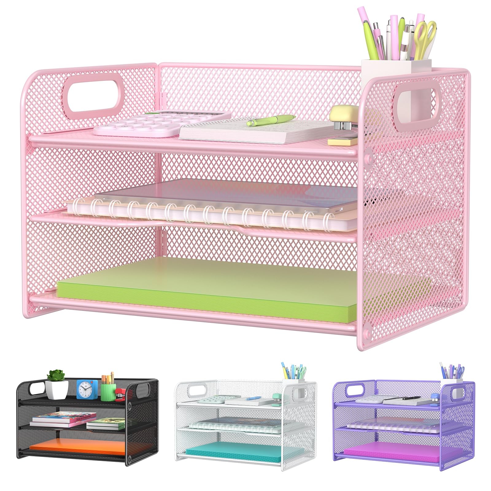 3 Tier Pink Letter Tray Paper Organizer with Handle, Mesh Desk Organizer Pape…