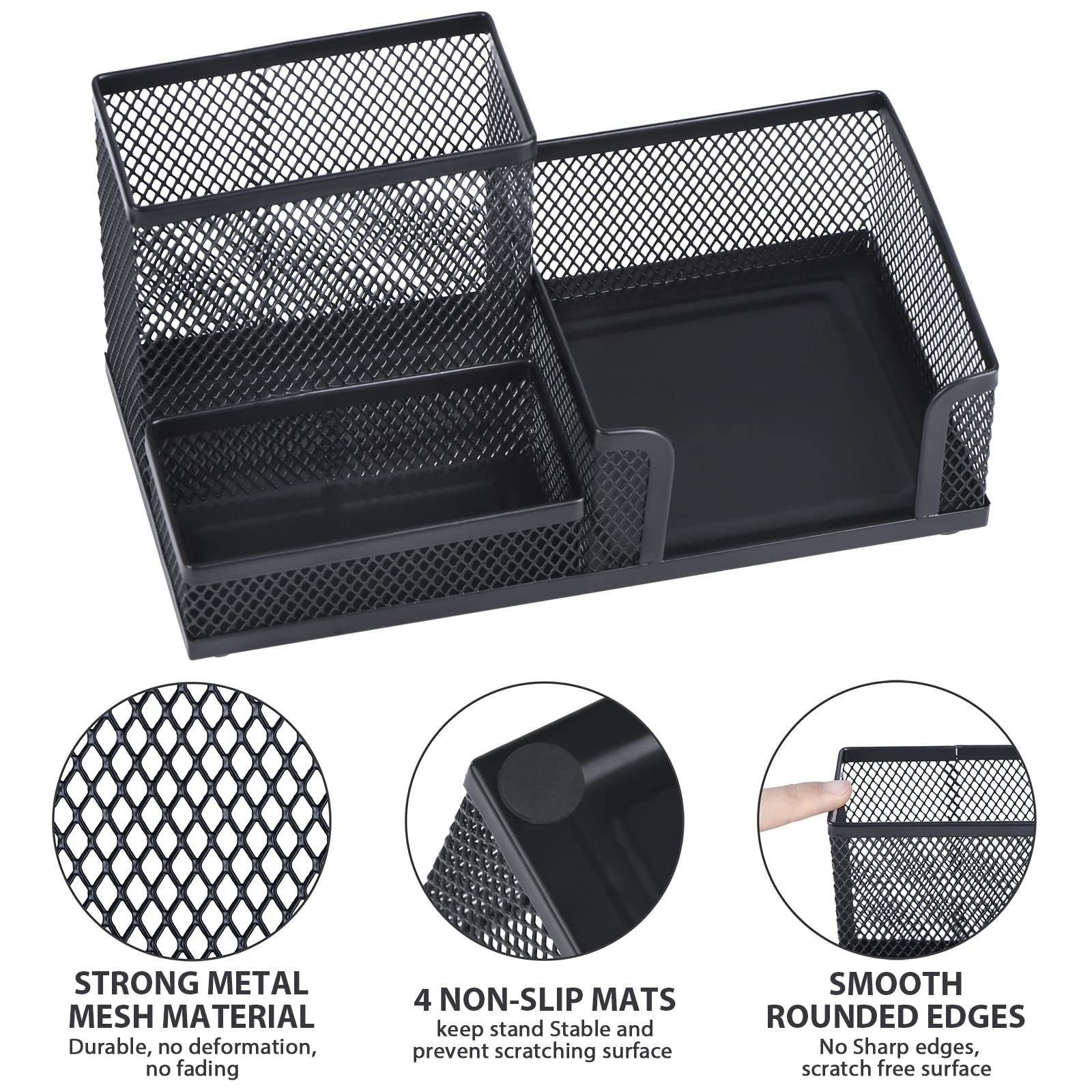2-Piece Desk Pen Pencil Organizer Mesh Metal Cup Sticky Notes Holder Black