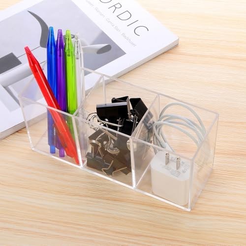 Clear Acrylic Silverware Organizer 3 Compartment Desk Pen Holder Utensil Caddy