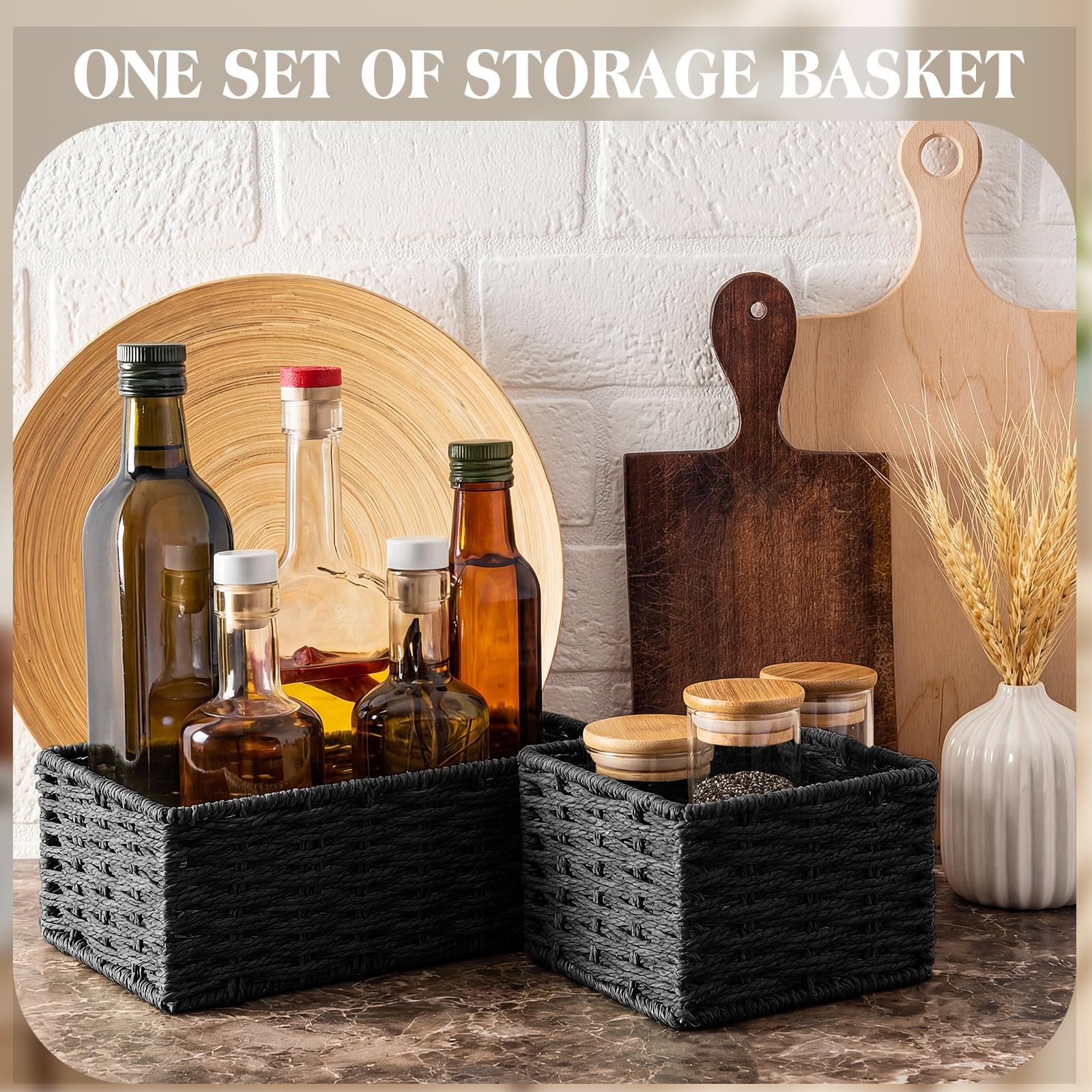4 PCS Black Storage Baskets Rustic Paper Rope Woven Bin Decor 3 Sizes Set Home
