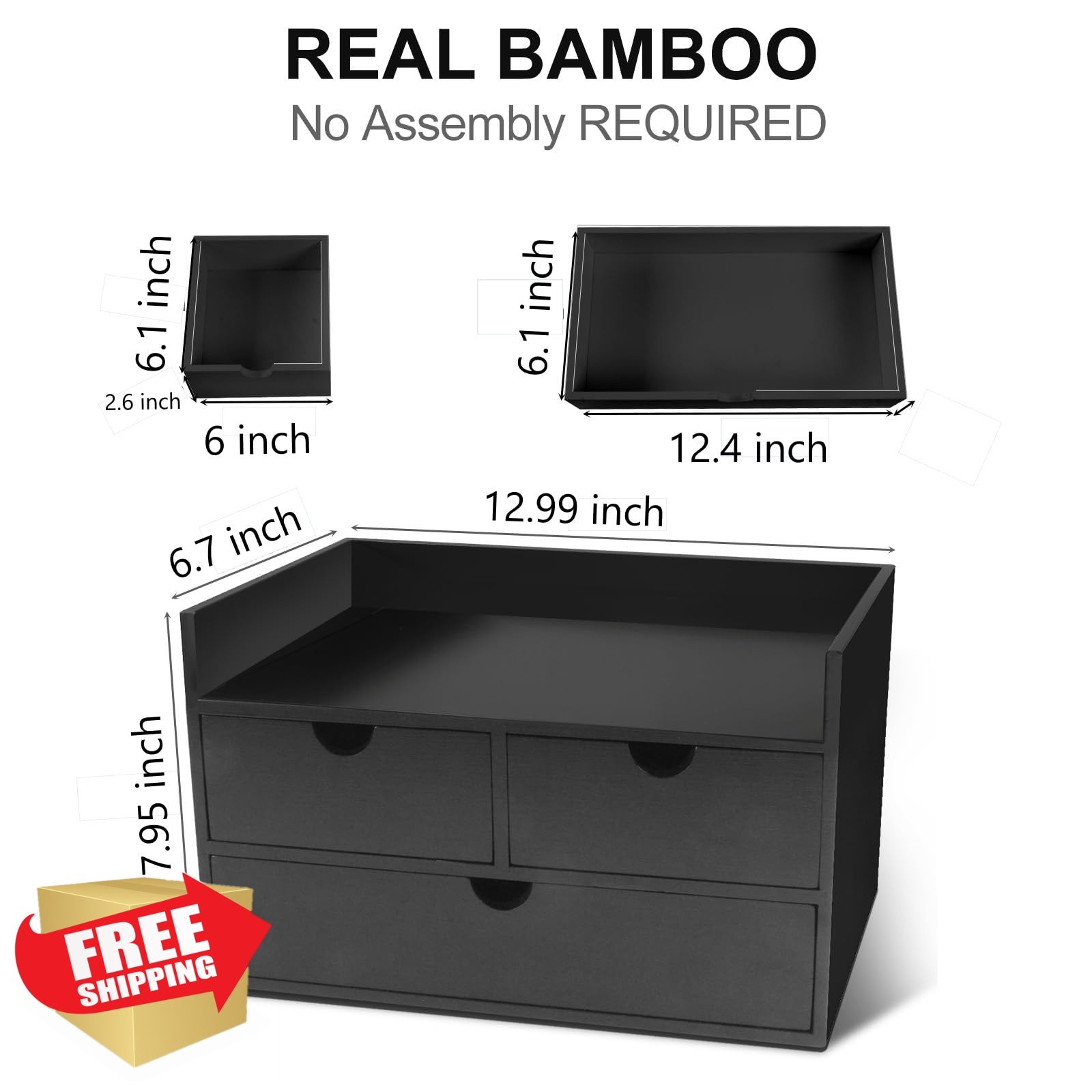 Charmewooden Bamboo 3 Drawer Desk Organizer Black With Shelf