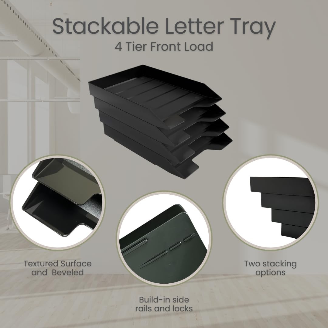 4 Tier Stackable Letter Tray Front Load Desk Office Paper Organizer Black