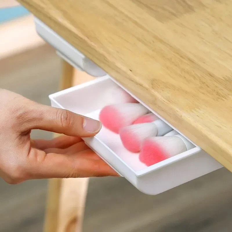 White Self-Adhesive Storage Drawer Box Makeup Pencil Tray Desk Hidden Under Desk