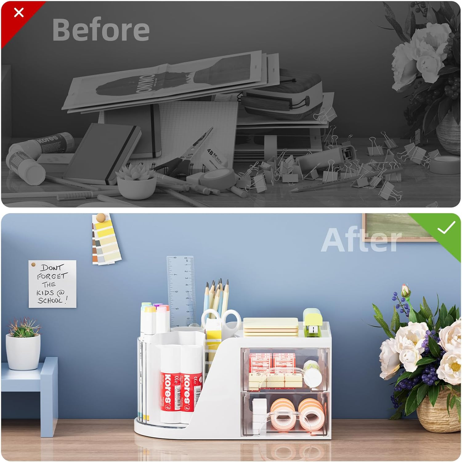 Desk Organizer with 2 Drawer, 360°Rotating Pen Holder, Desk Organizers and Acces