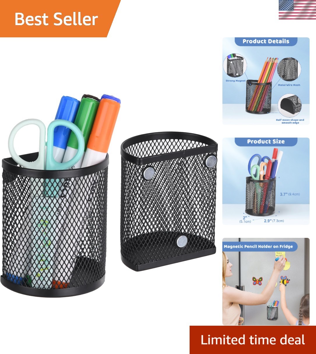 2 Pack Black Magnetic Pencil Holder – Modern Storage for Class & Office Supplies
