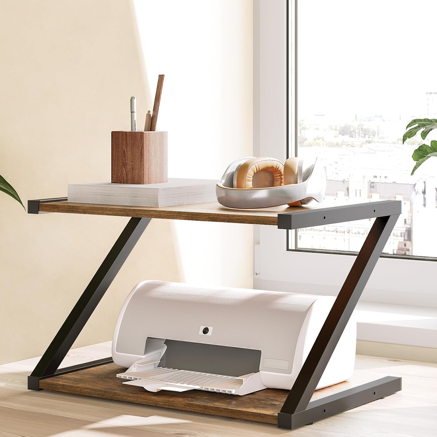 Desktop Printer Stand, 2-Tier Table with Rustic Brown and Black