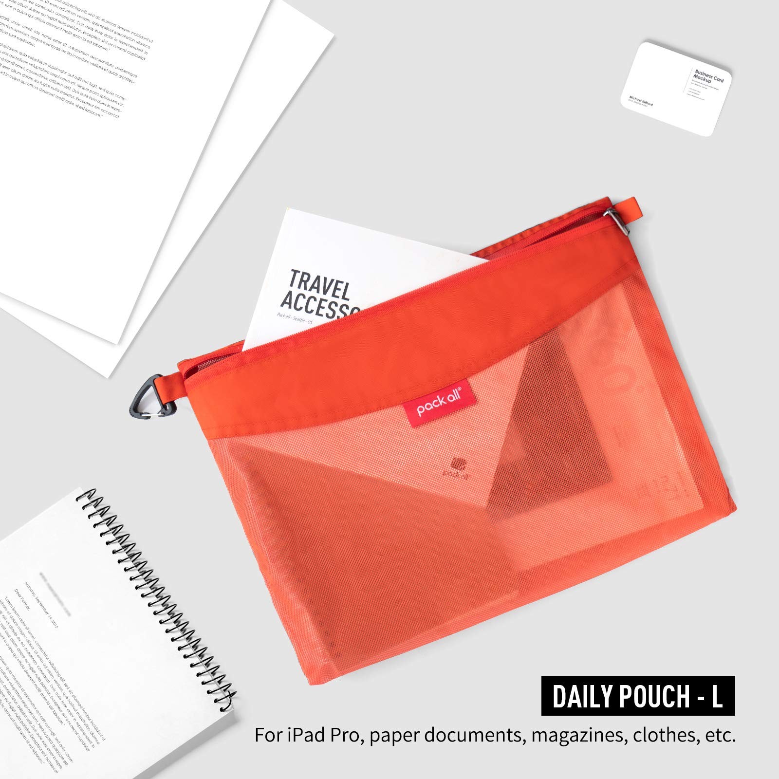 Zipper Pouch Set Mesh Bags Water Resistant Orange 3 PCS Storage Travel Office