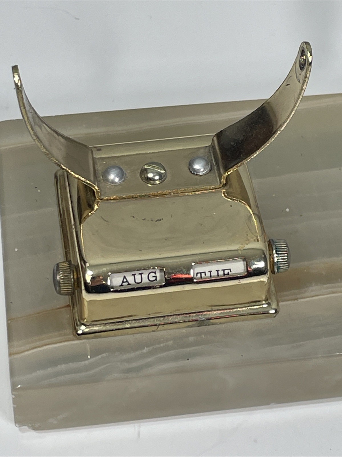 Vintage Genuine Onyx 5” Office Desk Brass Pen Calendar Holder Mid-Century Modern