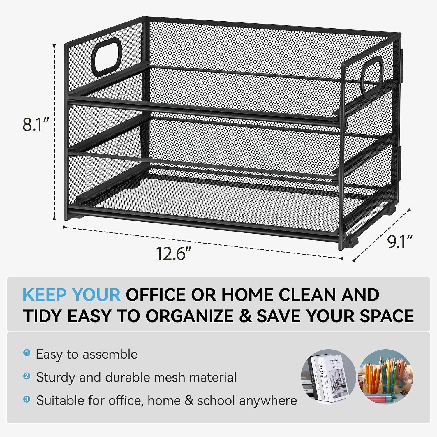 3-Tier Black Metal Mesh Desk Organizer – Elegant Storage Solution, 12.6”x9.1”