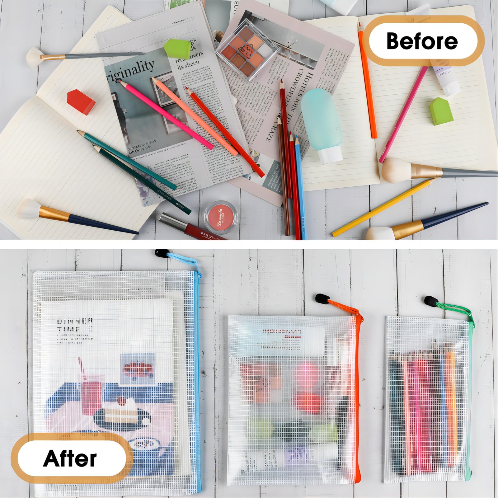 36 PCS A4 A5 A6 Mesh Zipper Pouch Bags 12 Colors Storage Office Supplies