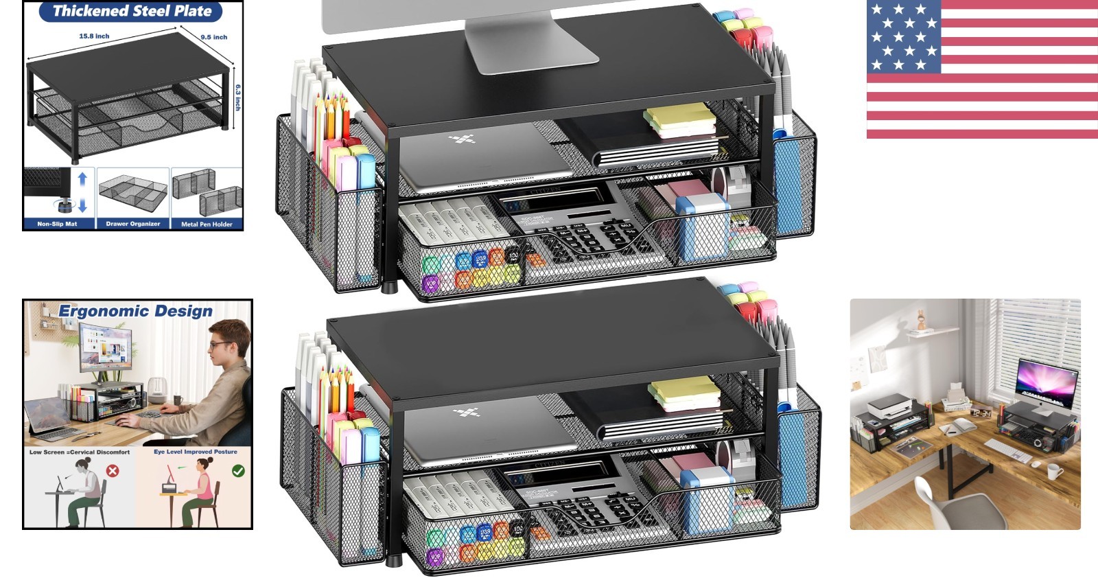 Functional Black 2-Pack Desk Organizer with Ergonomic Monitor Riser & Drawer