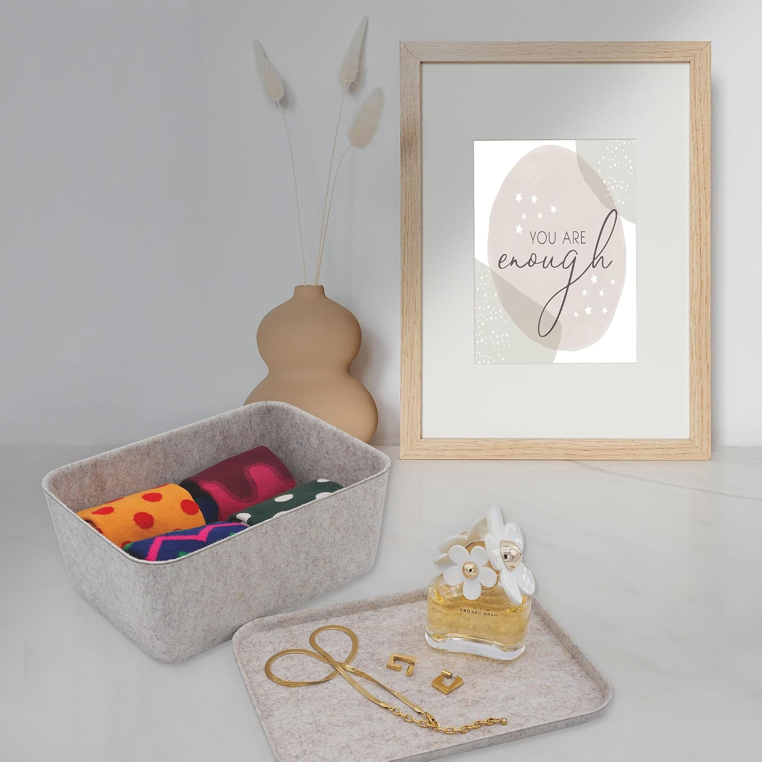 Deep Felt Desk Organizer Bins with Lids for Office & Home Decluttering (Oatmeal)