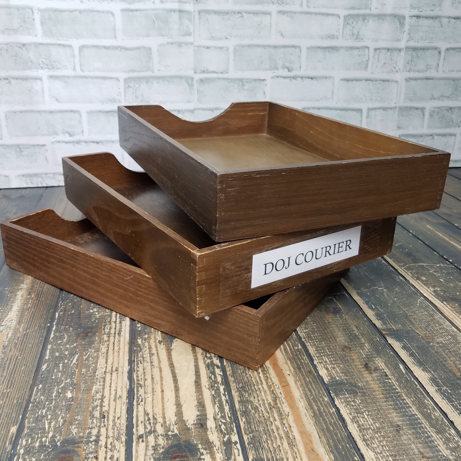LOT 3 Vintage Wood Desk LEGAL Organizer Tray Dovetail Wood Office In Out Box #32