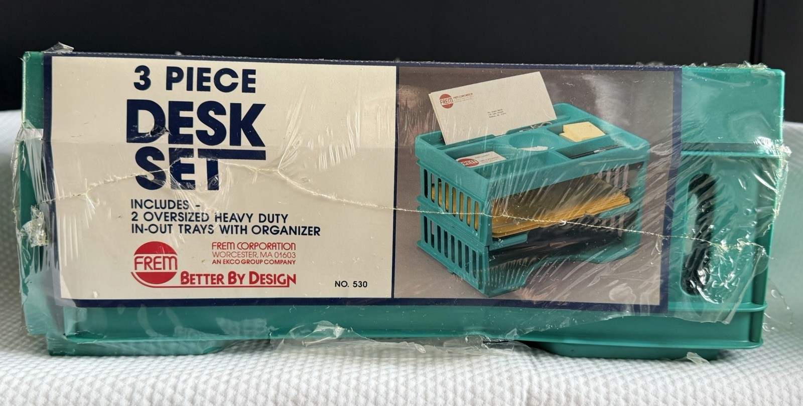 Vtg Frem 3 Piece Desk Set 2 Trays & Organizer Pens Paper New Old Stock Teal