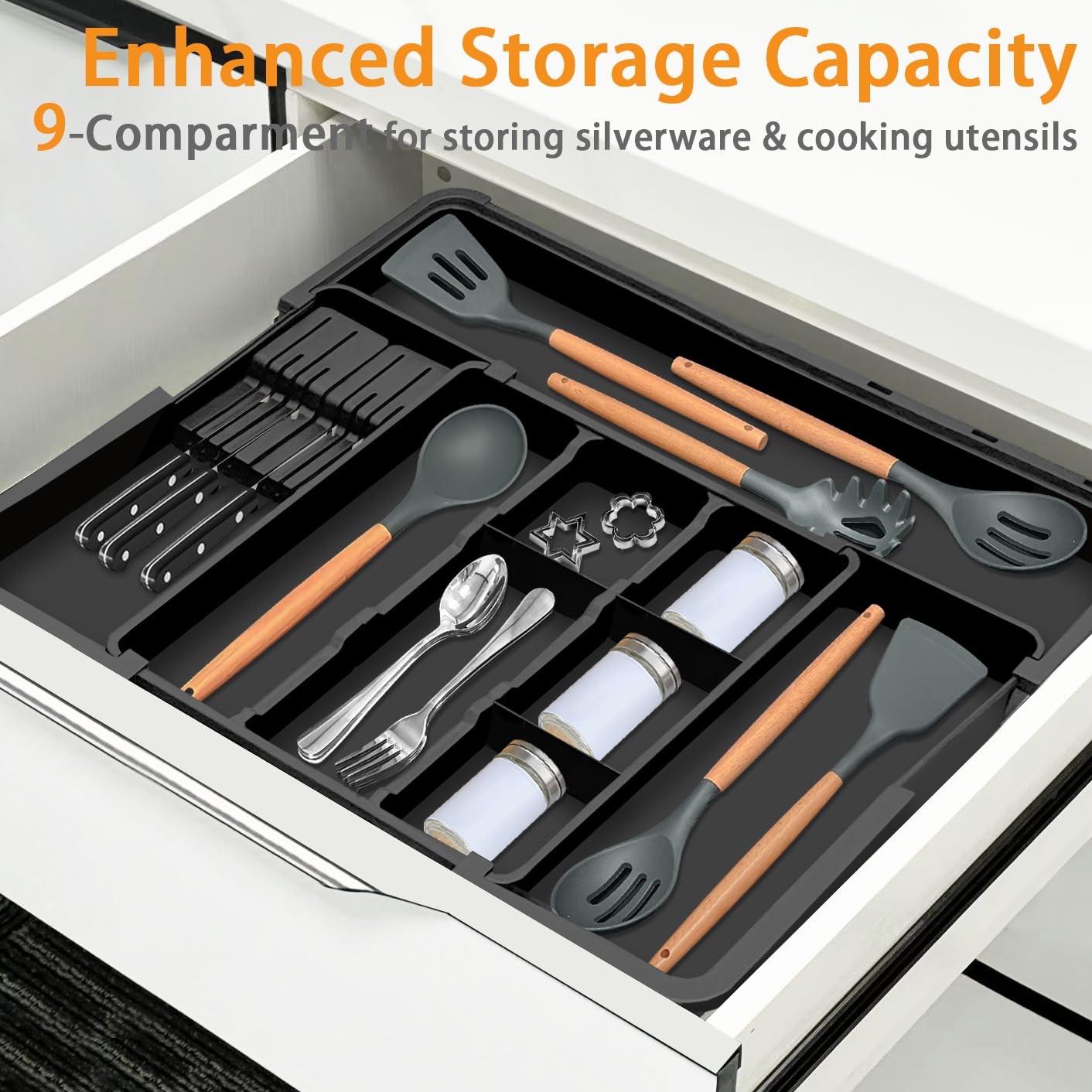 Large Utensil Drawer Organizer for Kitchen, Expandable Silverware Black
