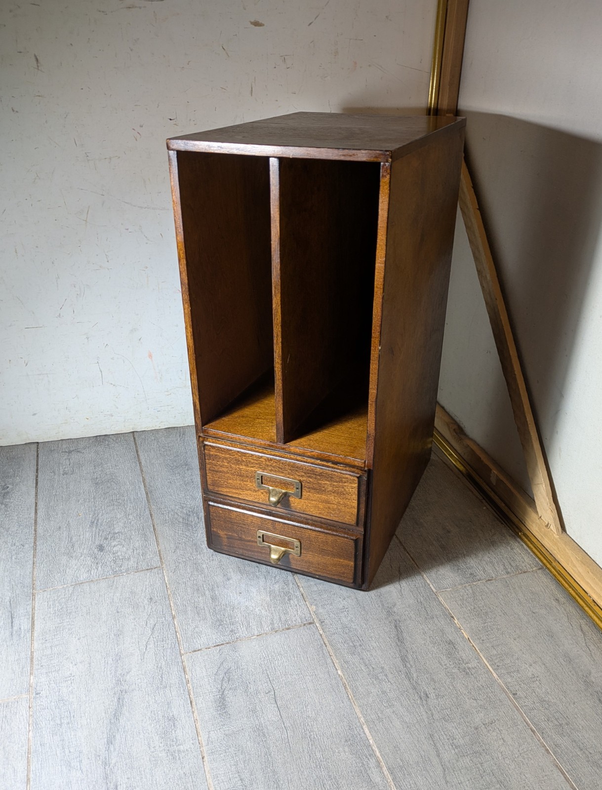 Vintage Wood Desktop Library Organizer Index Card Letter File Box Cabinet Drawer