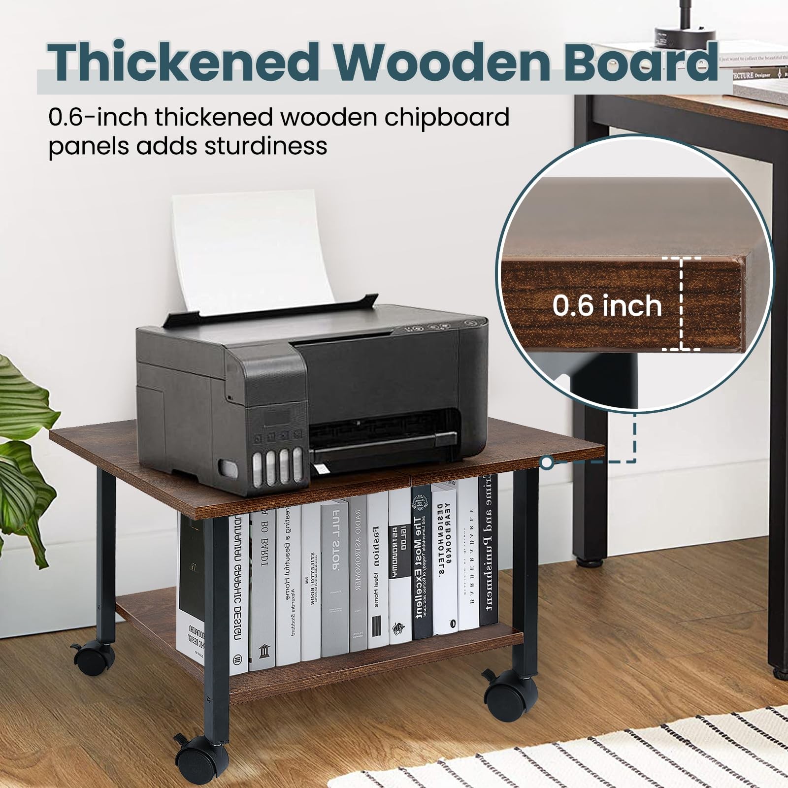 SwaaVee Printer Stand with Storage Under Desk Shelf, Desktop Rustic Brown