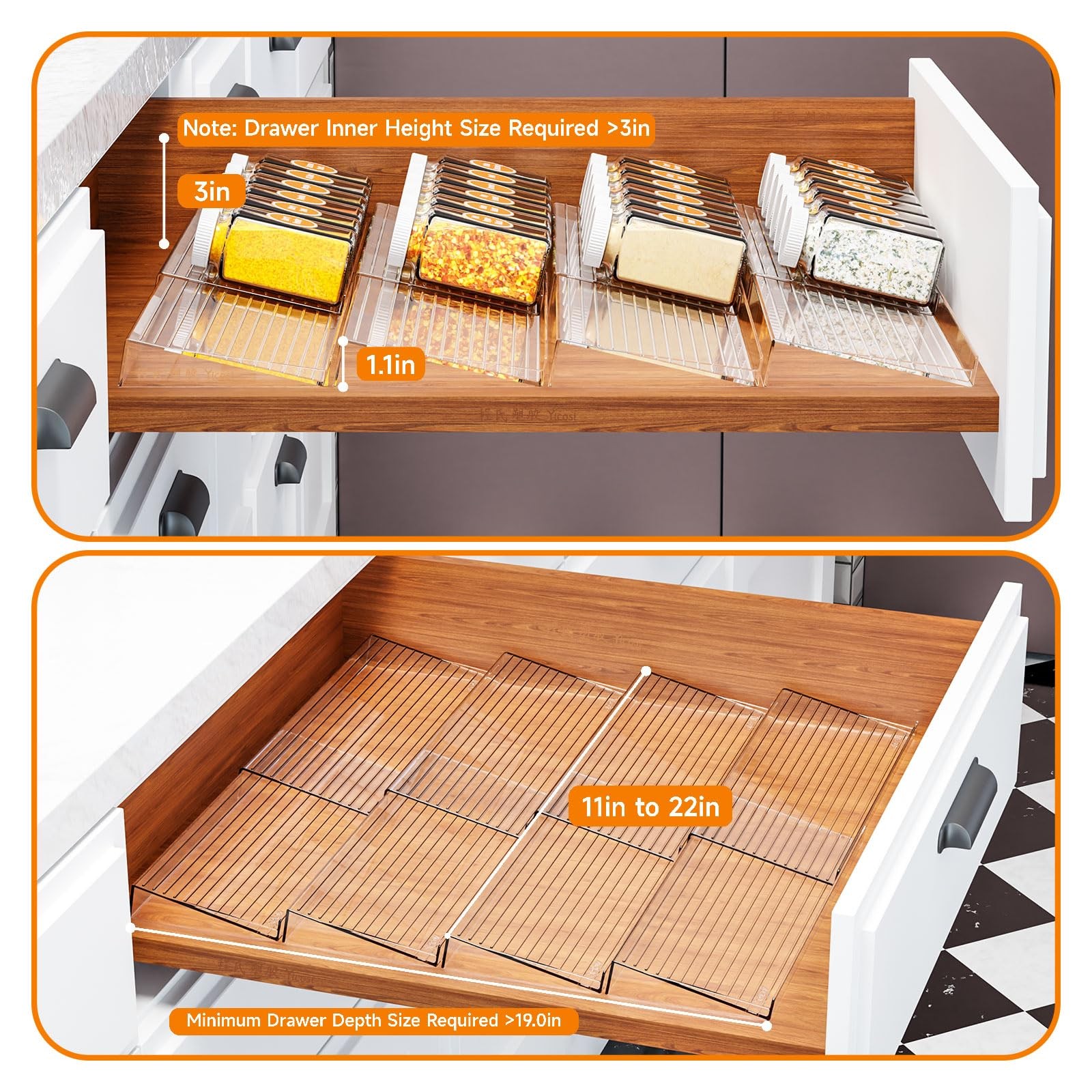 Yieach 8 Pack Adjustable In Drawer Spice Organizer – 8PCS-11” to 22”, Clear