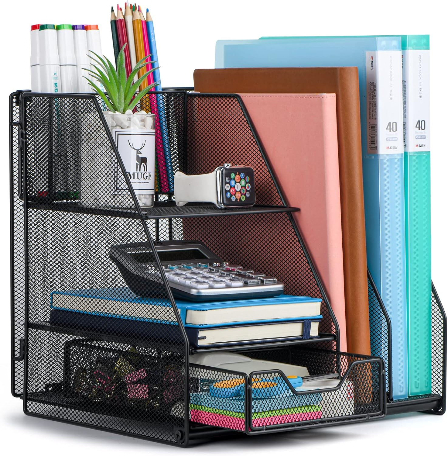 Desk Organizer, File Organizer for Desk with 2-Tier Paper Letter Tray, Drawer an