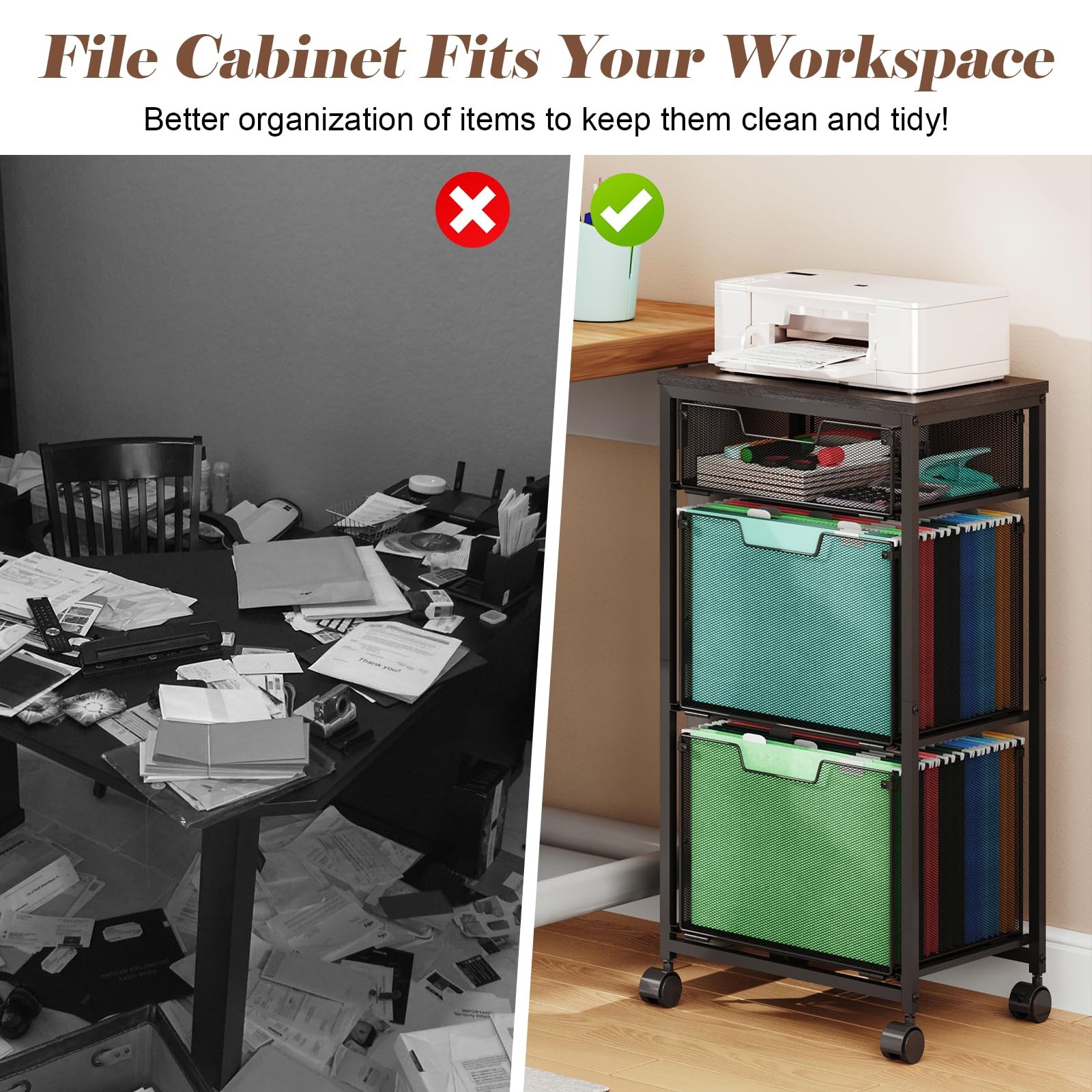 Sbanmao 3 Drawer Mobile File Cabinet for 1 Small + 2 Large Drawers, Black
