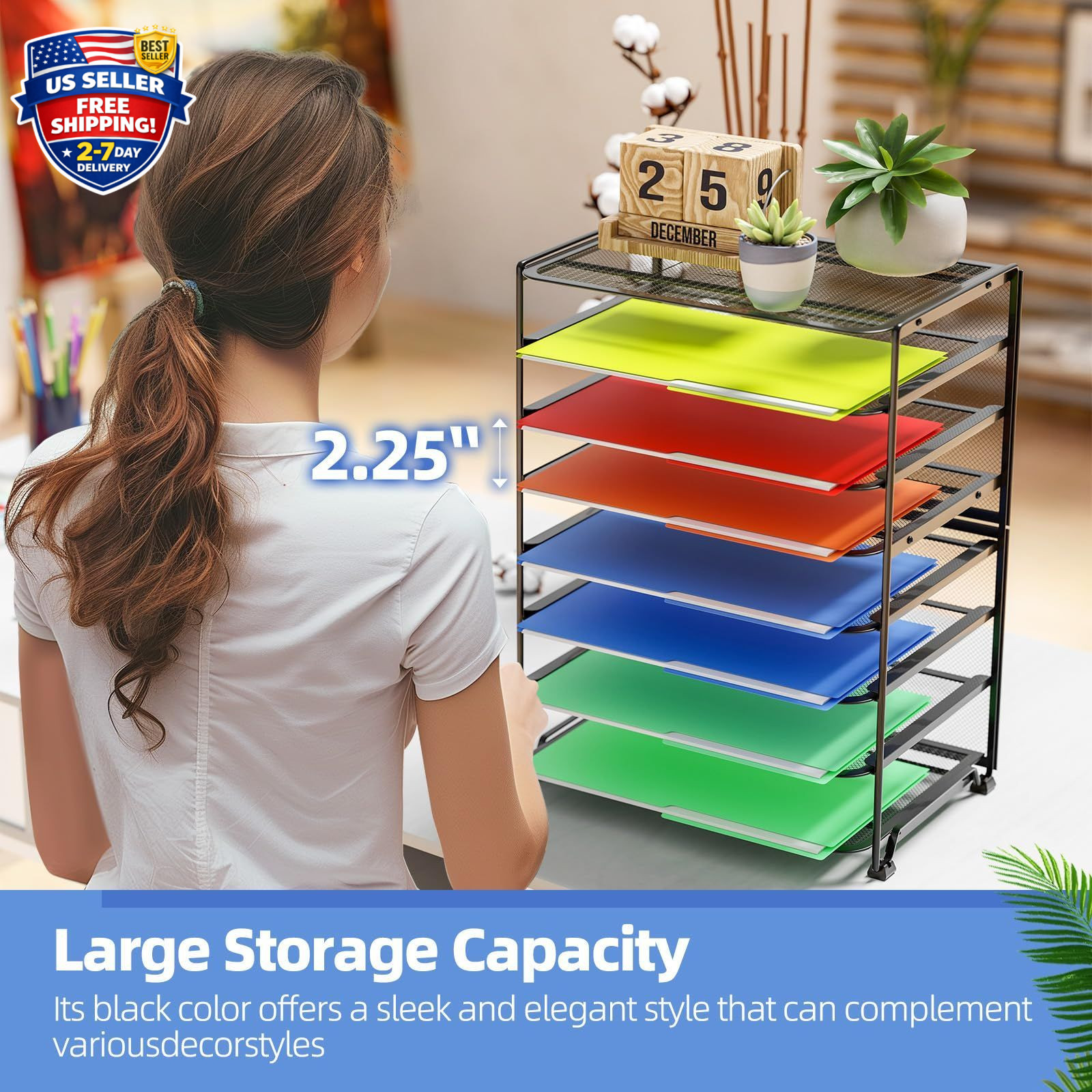 2 Pack 8 Tier Mesh Desk File Organizer Letter Tray Paper Storage Black