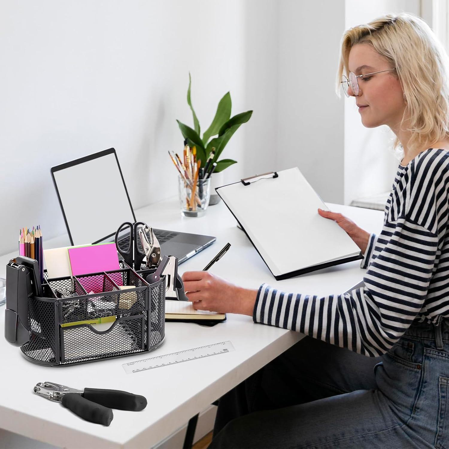 17 in 1 Black Desk Organizers and Accessories Set, 3 Office Desk Supplies Storag