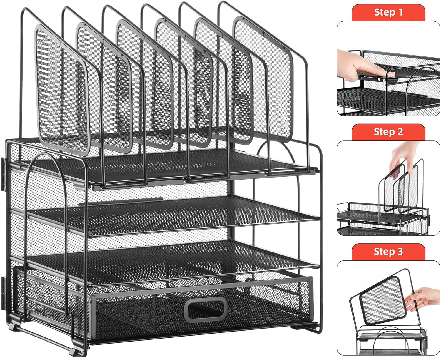 Desk Organizer with Drawer, 4-Tier Mesh File Organizer with 5 Vertical File Hold