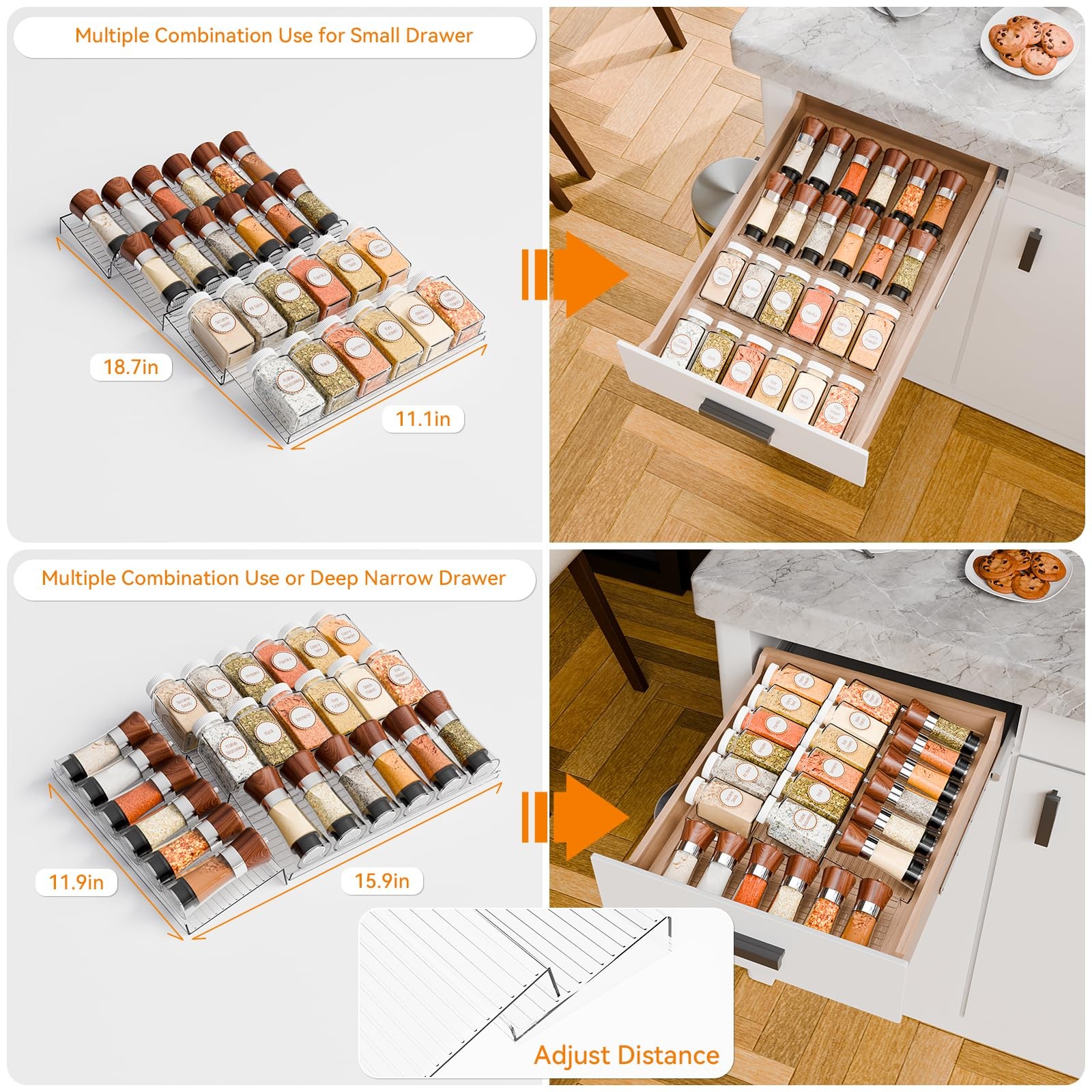 Yieach 8 Pack Adjustable In Drawer Spice Organizer – 8PCS-11” to 22”, Clear