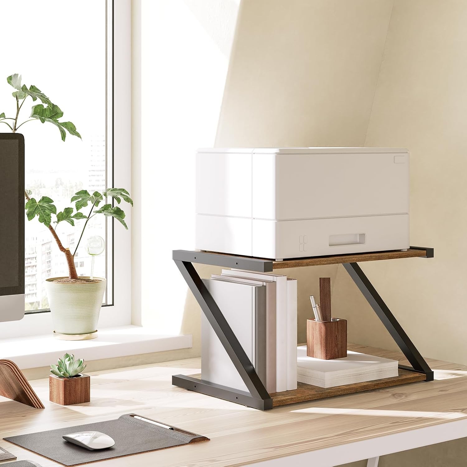 Desktop Printer Stand, 2-Tier Table with Rustic Brown and Black