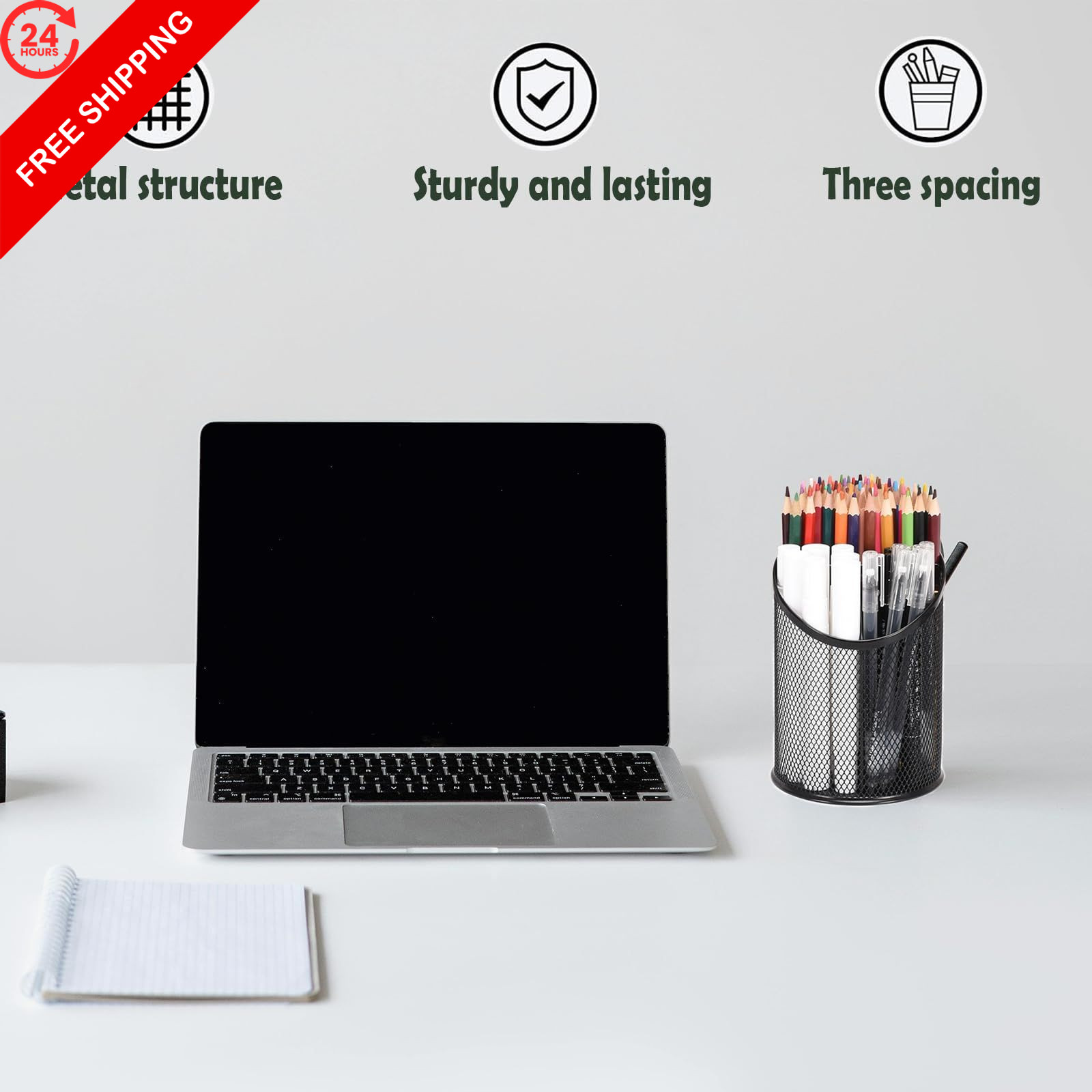 MINDEPOT 2 Pack Mesh Pencil Holder Pen Cup for Desk Round Black