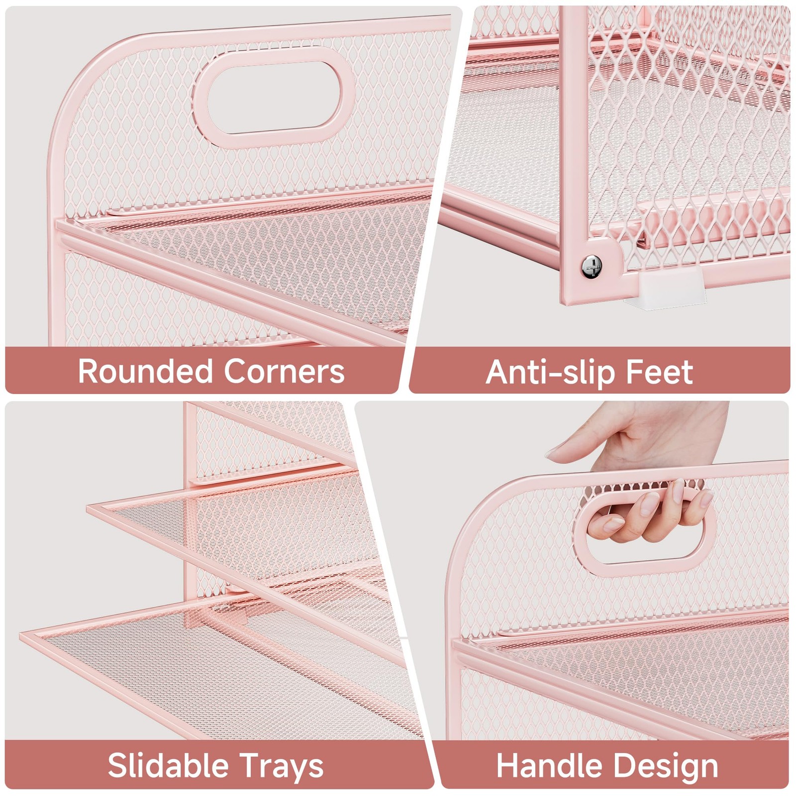 5-Tier Stackable Paper Organizer Handle Pink Metal Mesh Letter Tray File Desk