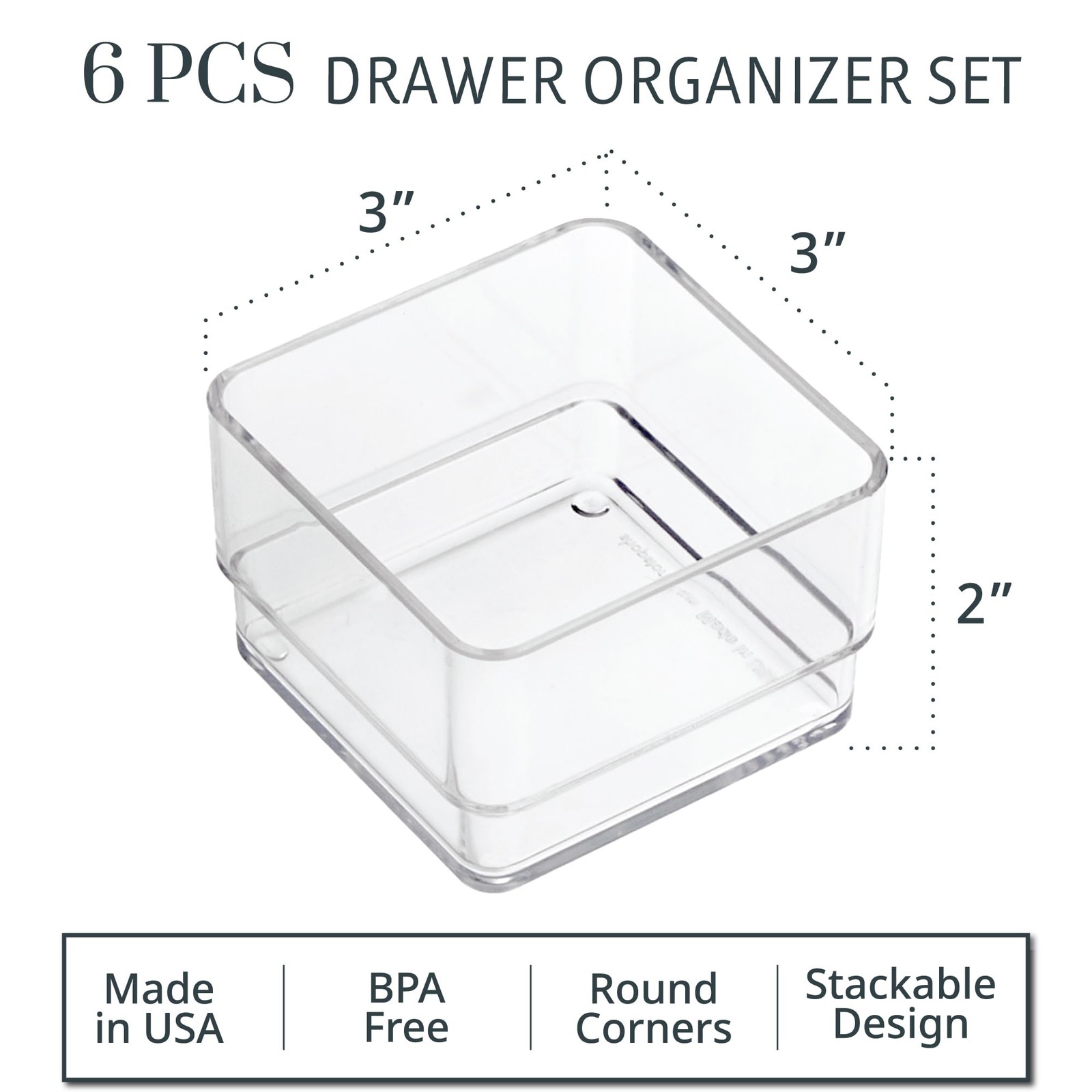 SimpleSort 6-Piece Stackable Clear Drawer Organizer Set | 3″ x 3″ x 2″ Square…