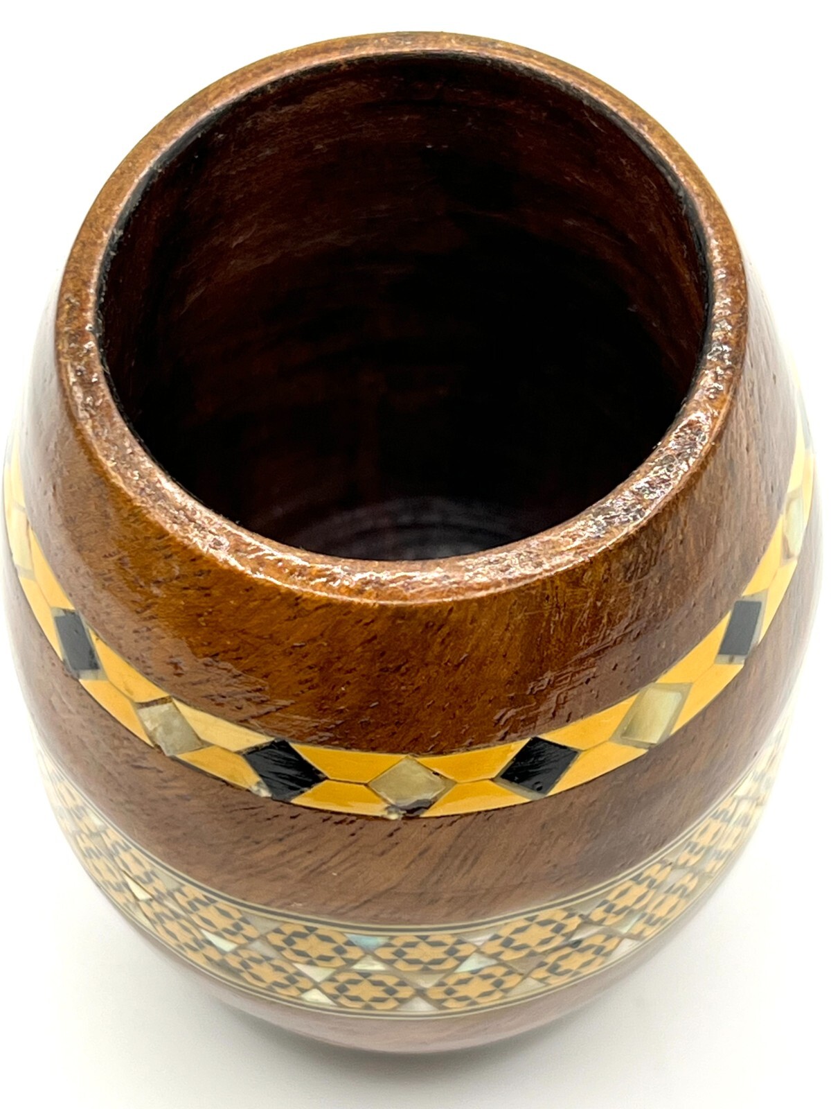 VTG Barrel Shaped Wooden Pen Holder Mother of Pearl Inlay Office Desk Decor 4.2″