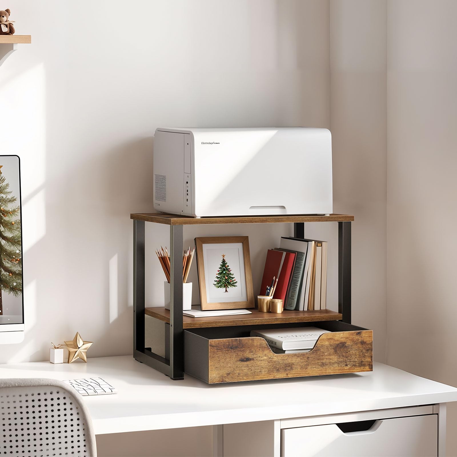 YATINEY Desktop Printer Stand, 15.4″L x 11.4″W x 12.1″H, Rustic Brown + Black
