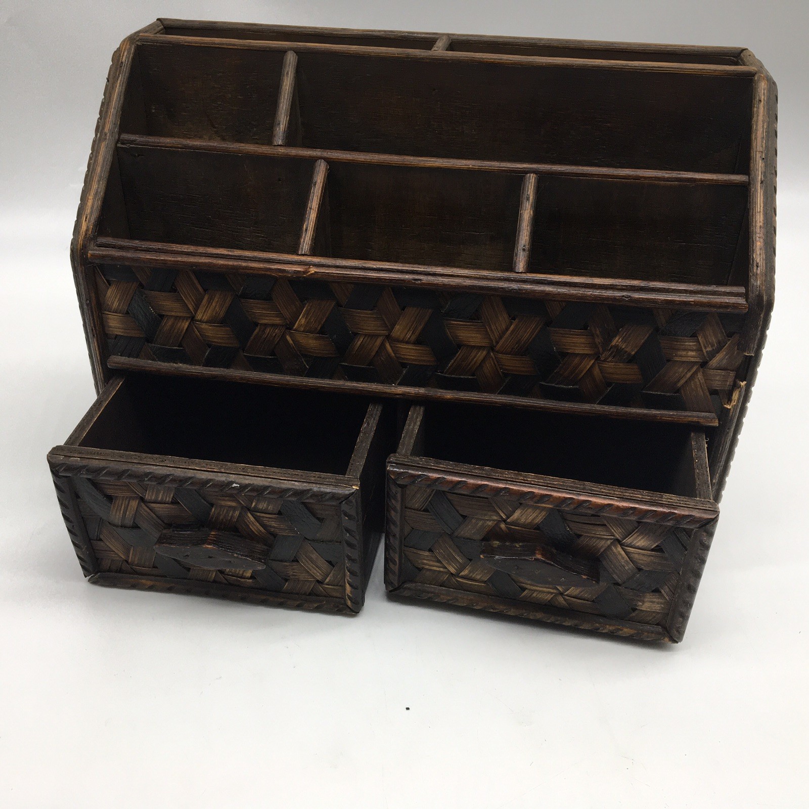 Vtg Wood + Woven Bamboo Desk Organizer Divider 2 Drawers Letter Holder Utensils