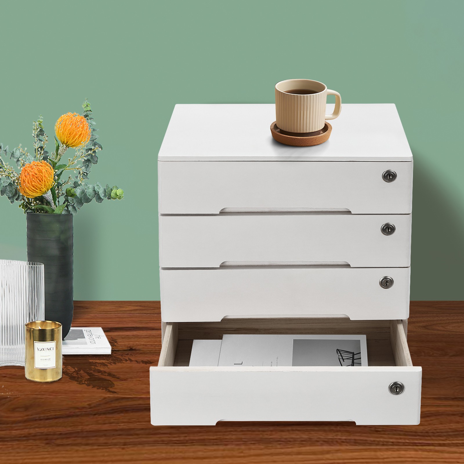 4-layer white wooden desktop storage box file cabinet with lockable drawers