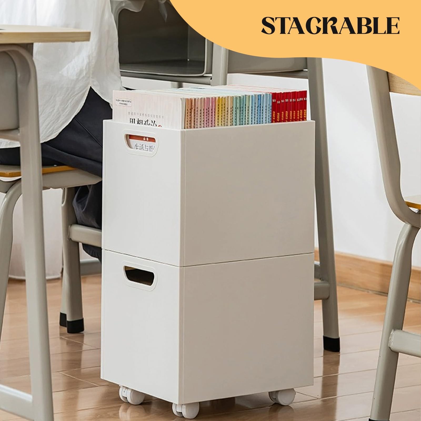 CINPIUK File Box Rolling Organizer with Wheels Stackable Storage White