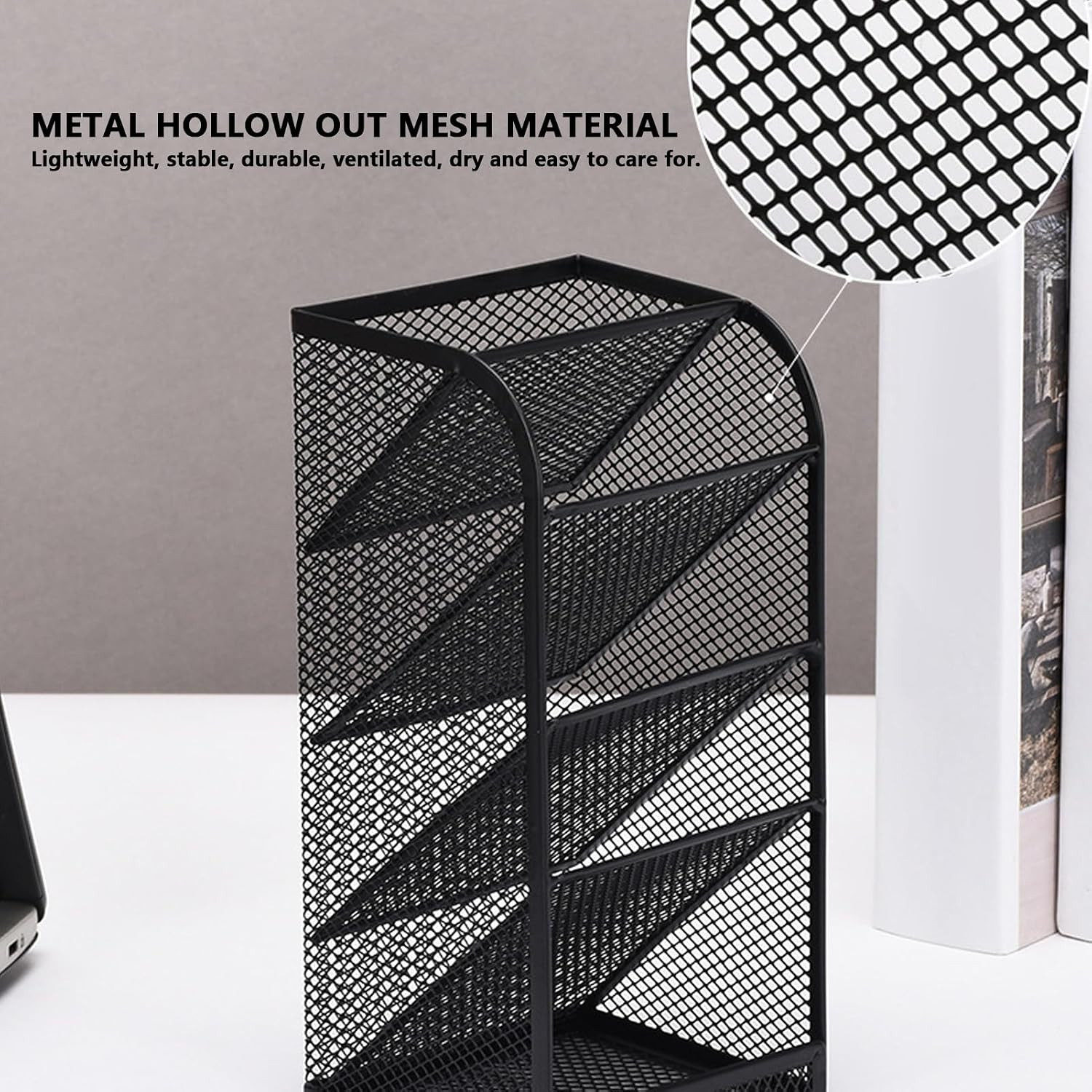 Metal Mesh Desk Organizer, 5 Tier Multifunctional Pen Holder Pencil Cup with 5 C