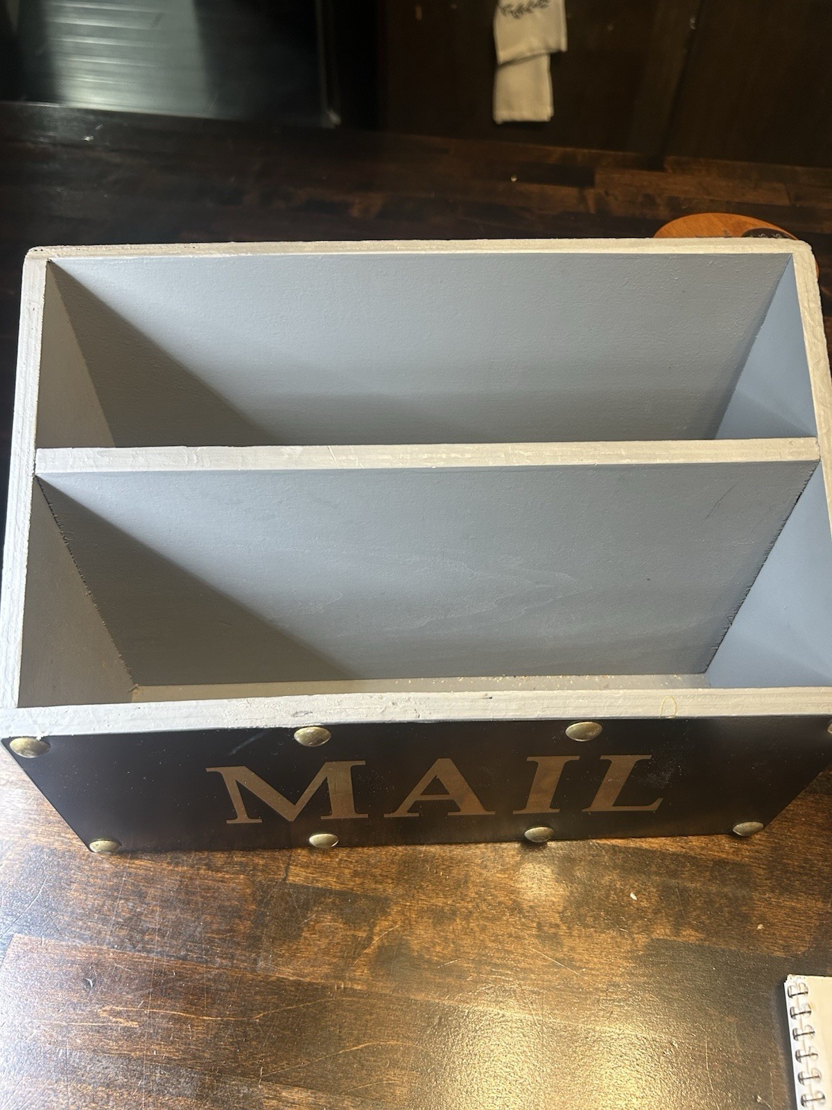 Rustic Wooden Mail Organizer Box Black w/ Gold Studs Desk Caddy