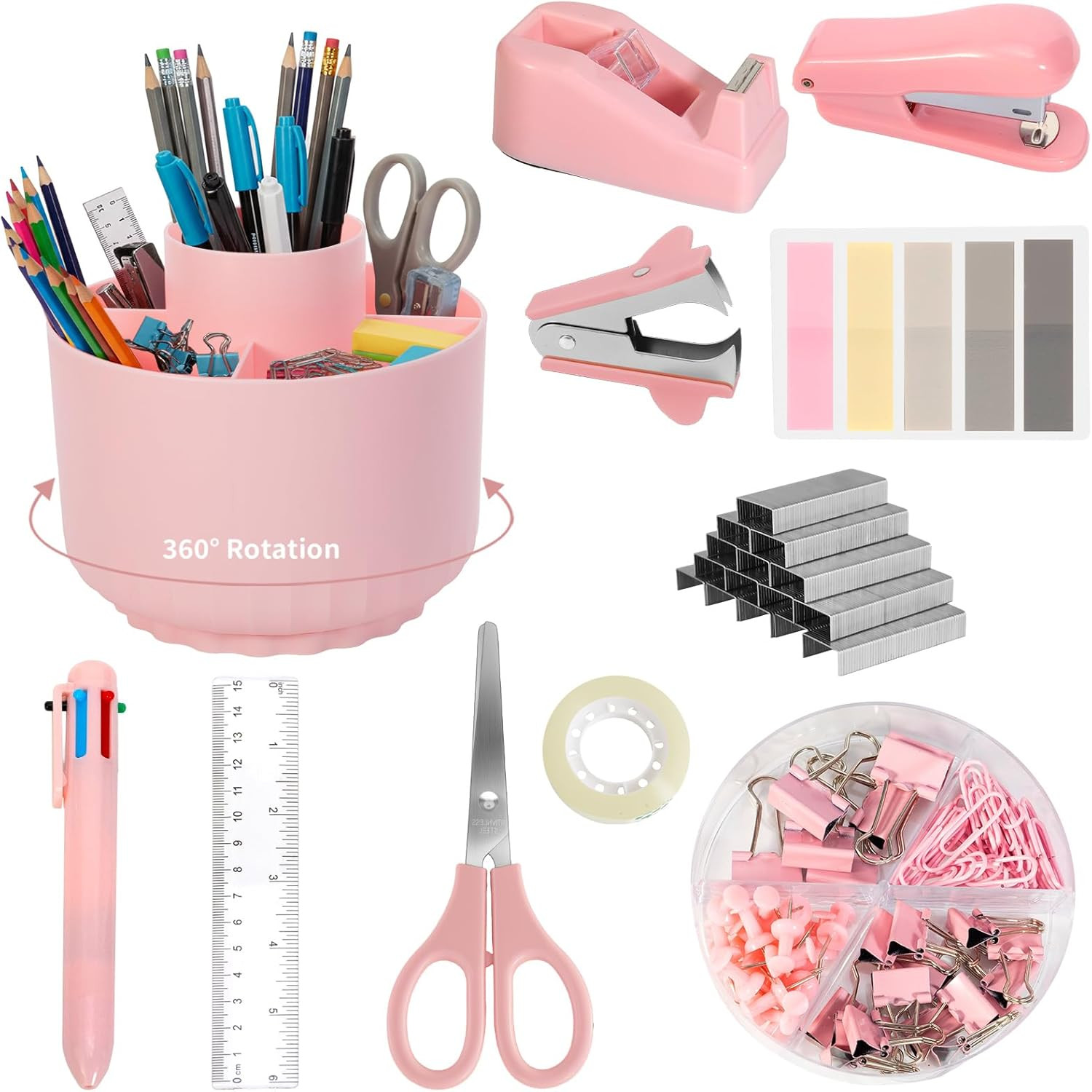 Pink Desk Accessories, 11Pcs Desk Organizer with 360°Rotating Pen Holder, Staple