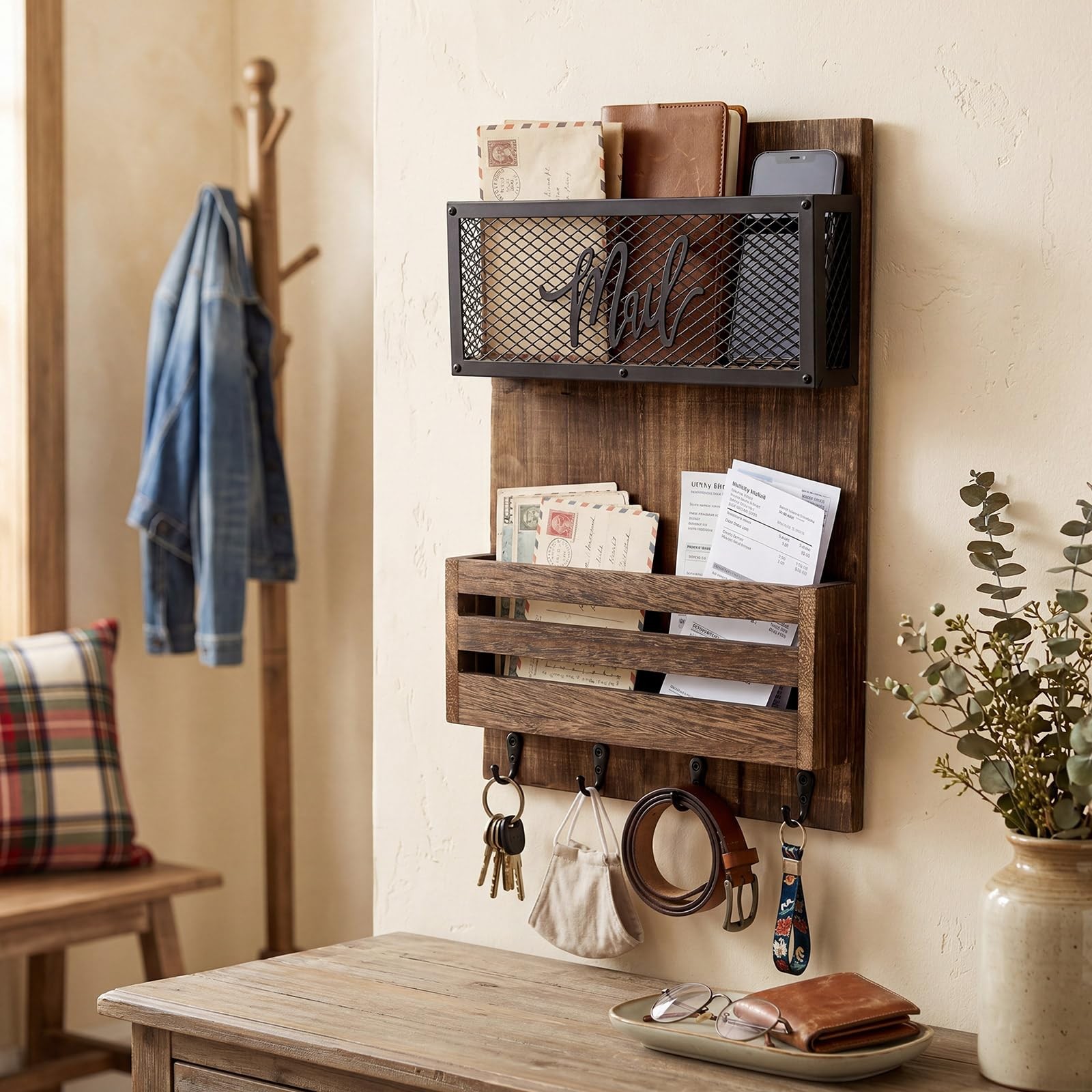 Mail Organizer Wall Mount with Key Hooks, 2-Slot Wood Mail and Key Holder, Ru…