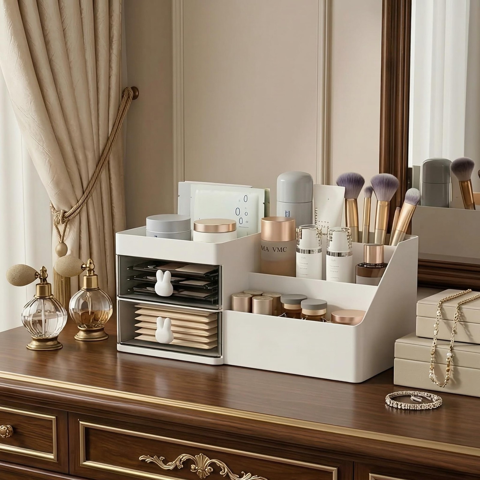 Makeup Organizer With 2 Drawers, Countertop For Vanity, White