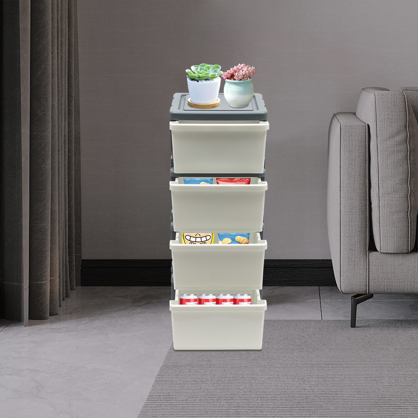 Office White Grey 4 Drawer Storage Cabinet Mobile Rolling Organizer with Wheels
