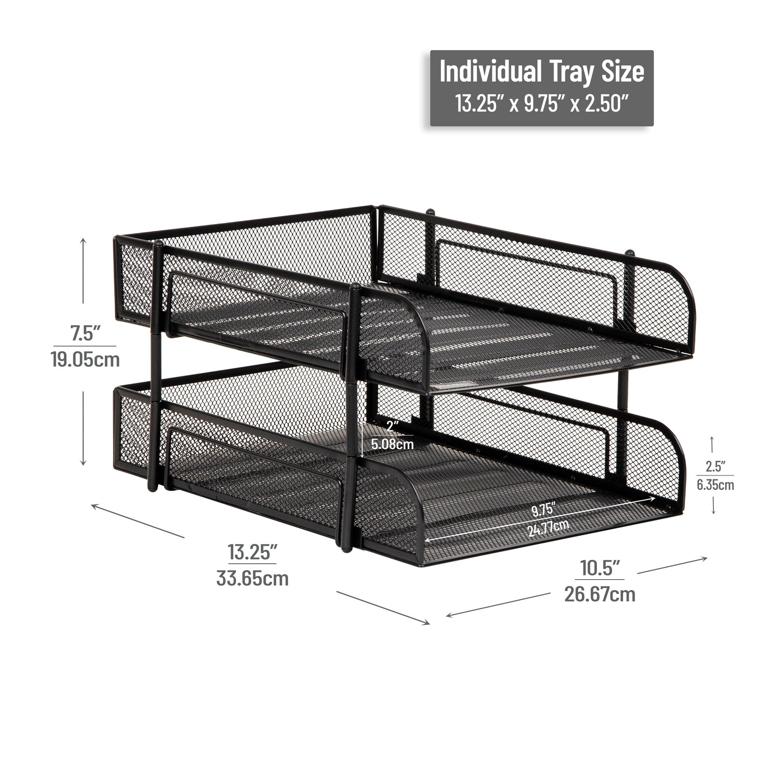 Black 2-Tier Stackable Paper Tray, Metal Mesh Organizer, 10.5×13.25in