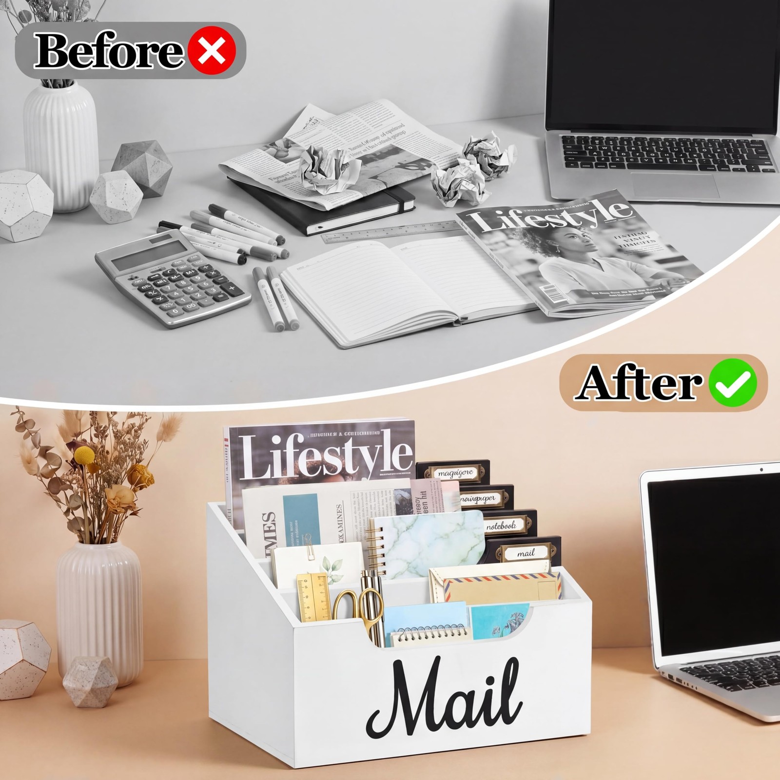 Rustic Wood Mail Organizer Countertop with 4 Slots, Black Mail Holder for Des…
