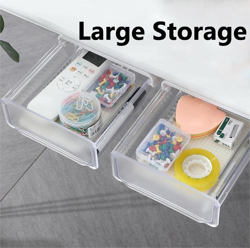 Self-adhesive Under Desk Drawer, 2 Packs Table Hidden Organizer Slide Out Lar…
