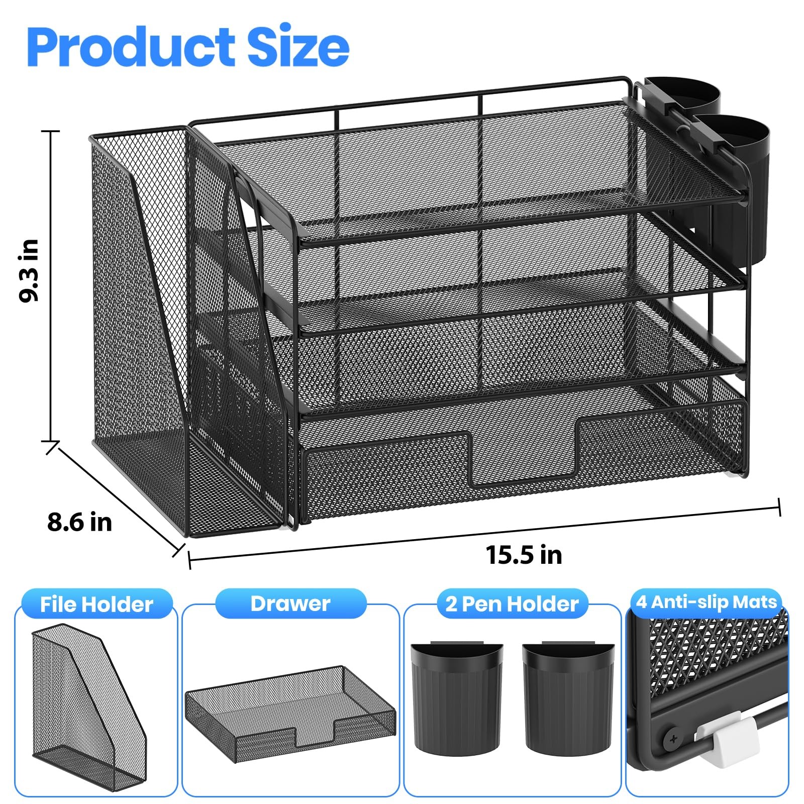 Desk Organizer 4-Tier Desktop File with Drawer and 2 Pen Holders Black Office
