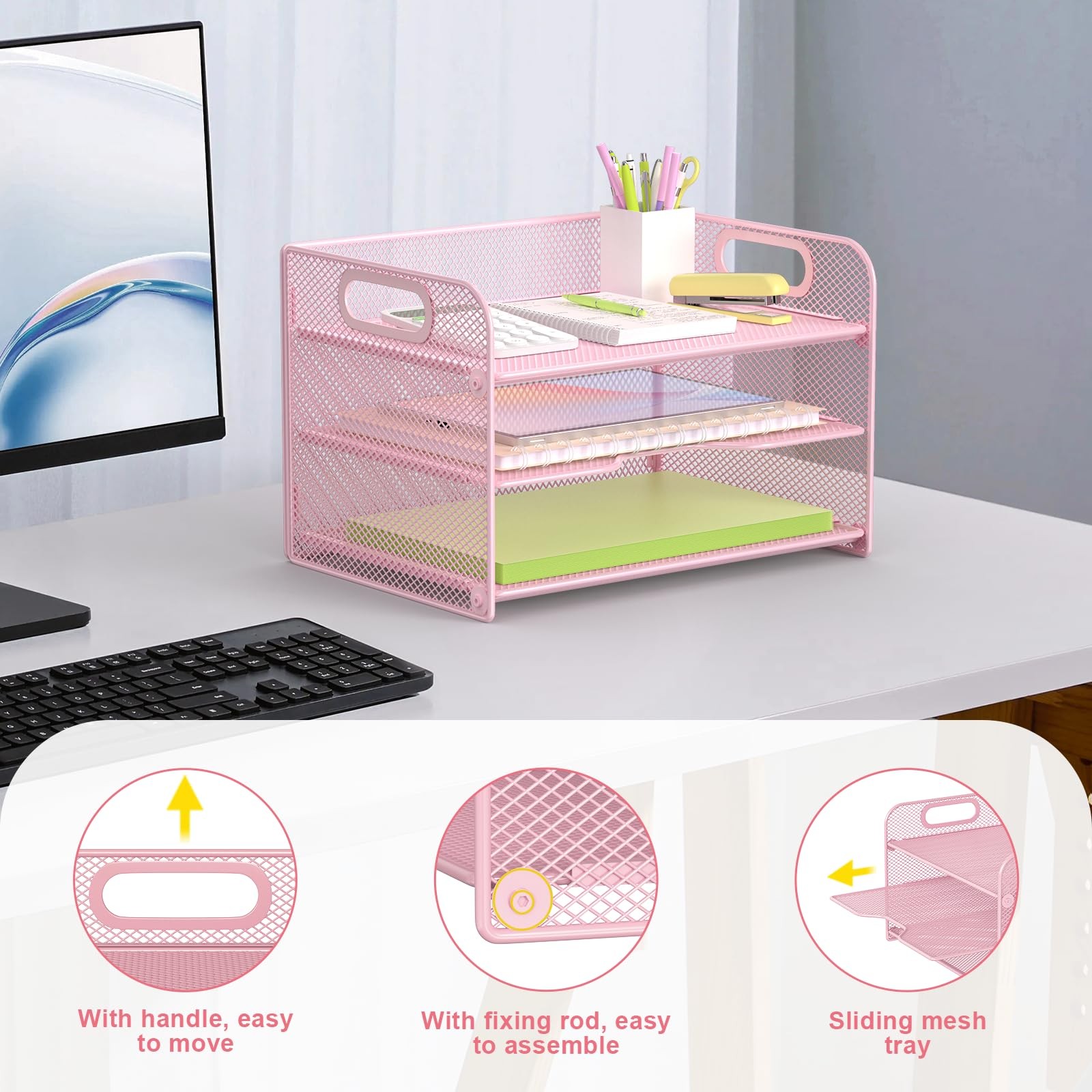 3 Tier Pink Letter Tray Paper Organizer with Handle, Mesh Desk Organizer Pape…